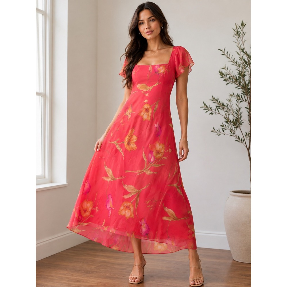 Dressbarn Pink Floral Tulip Square Neck Flutter Sleeve High-Low Maxi Dress 8